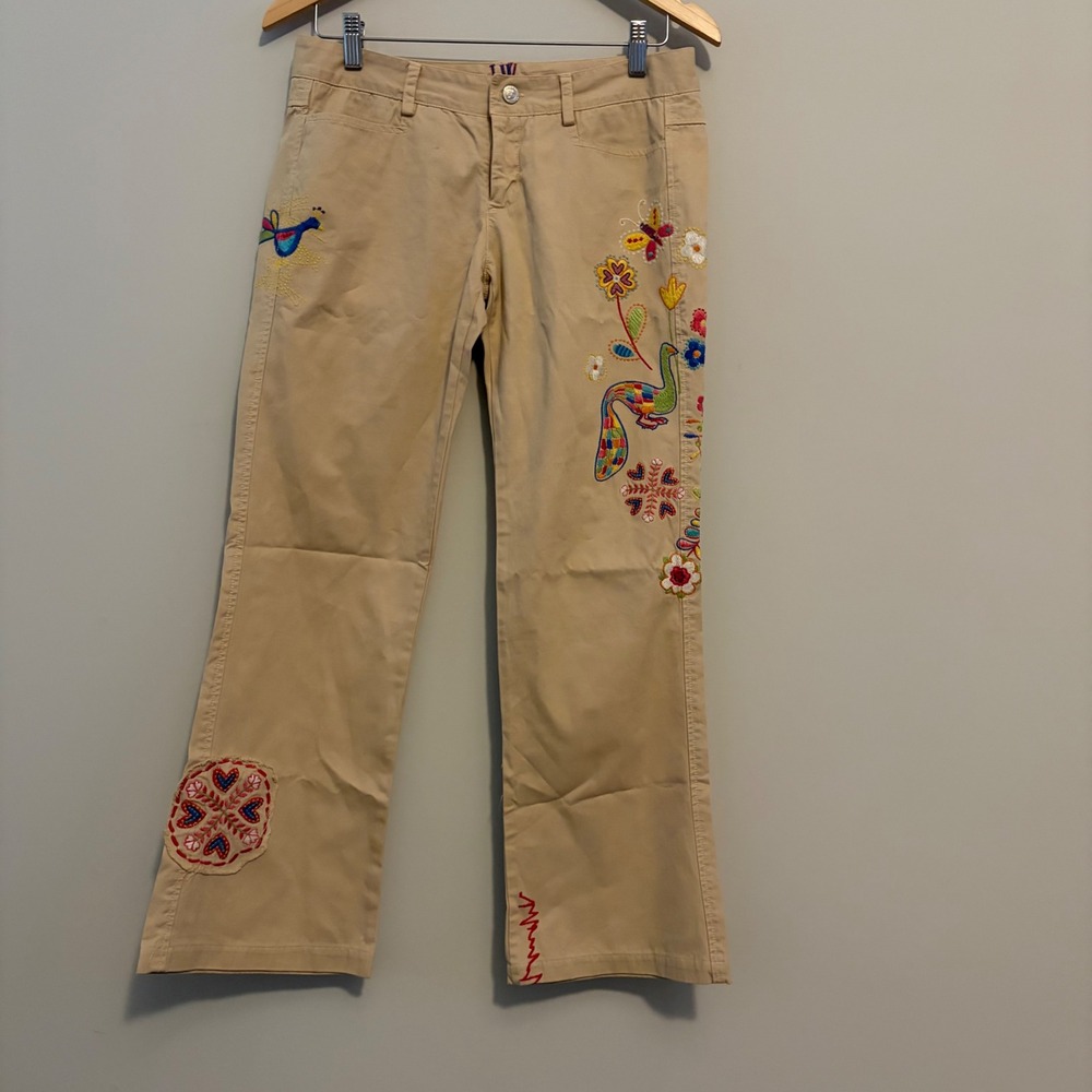 JW Los Angeles Johnny Was Embroidered Peacock Khaki Pants Tan Cotton Size 4